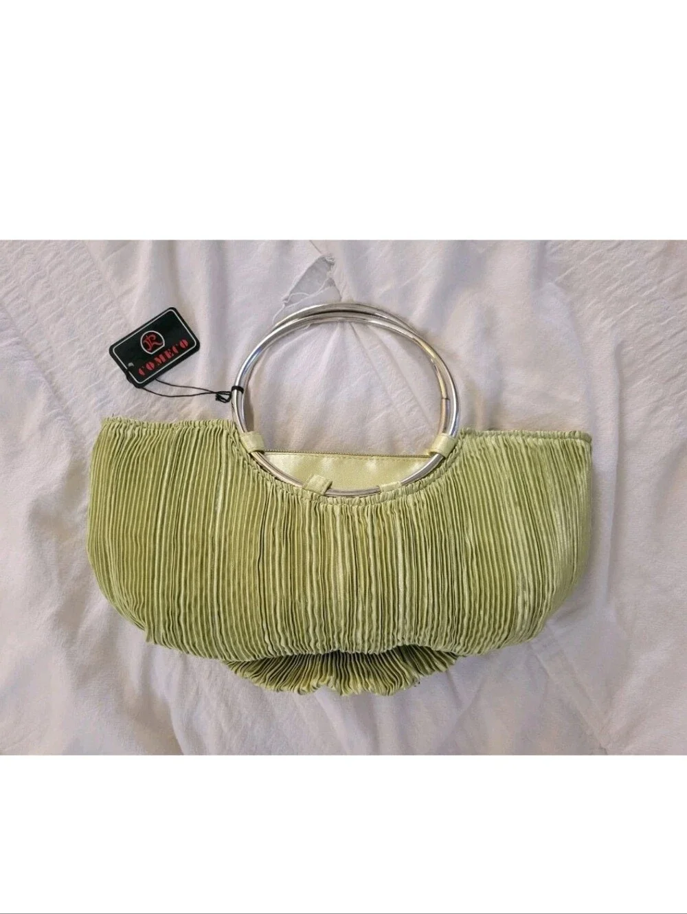 Y2k Retro Satin Purse Clutch Sage Rhinestone Pleated Handbag Silver Hoop Handle